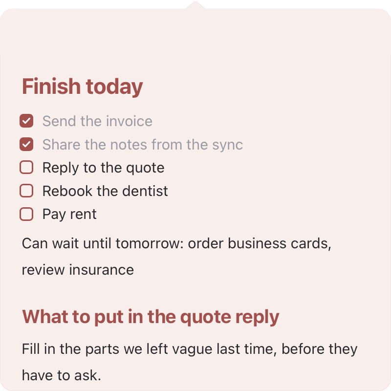 The TearMark window hanging from the menu bar, showing today's to-do list