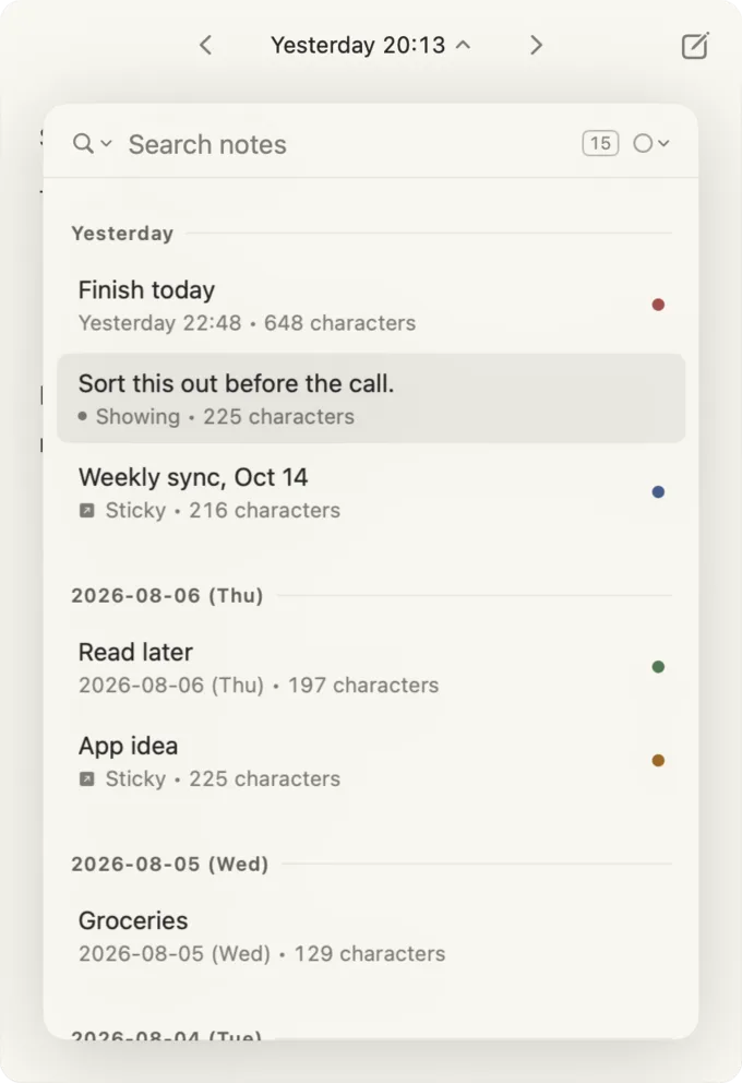 The note list grouped by date, with a search field and paper-color dots