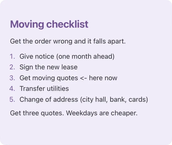 A purple sticky note with a numbered checklist for a house move