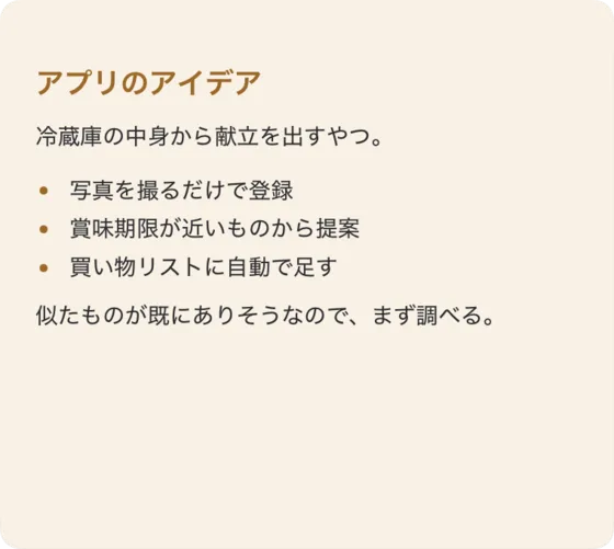 思いついたアプリのアイデアを書いた、橙の紙の付箋